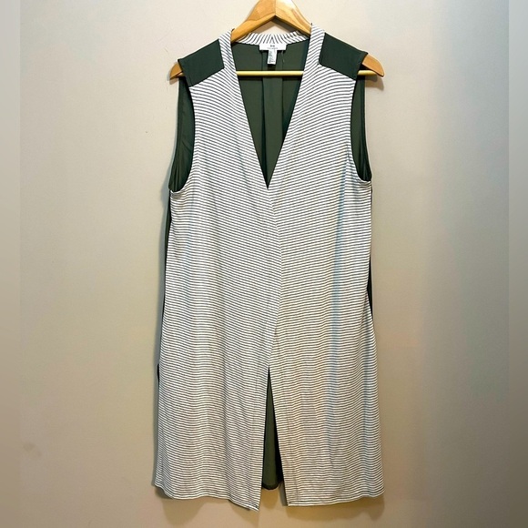 Halston Long Cardigan Sleeveless Open Front Knit Stripe & Green Duster Women L - Picture 1 of 11